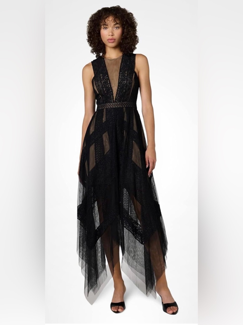 BCBG Black Lace Tulle Maxi Dress Sheer Plunge Handkerchief Hem Formal Gothic
